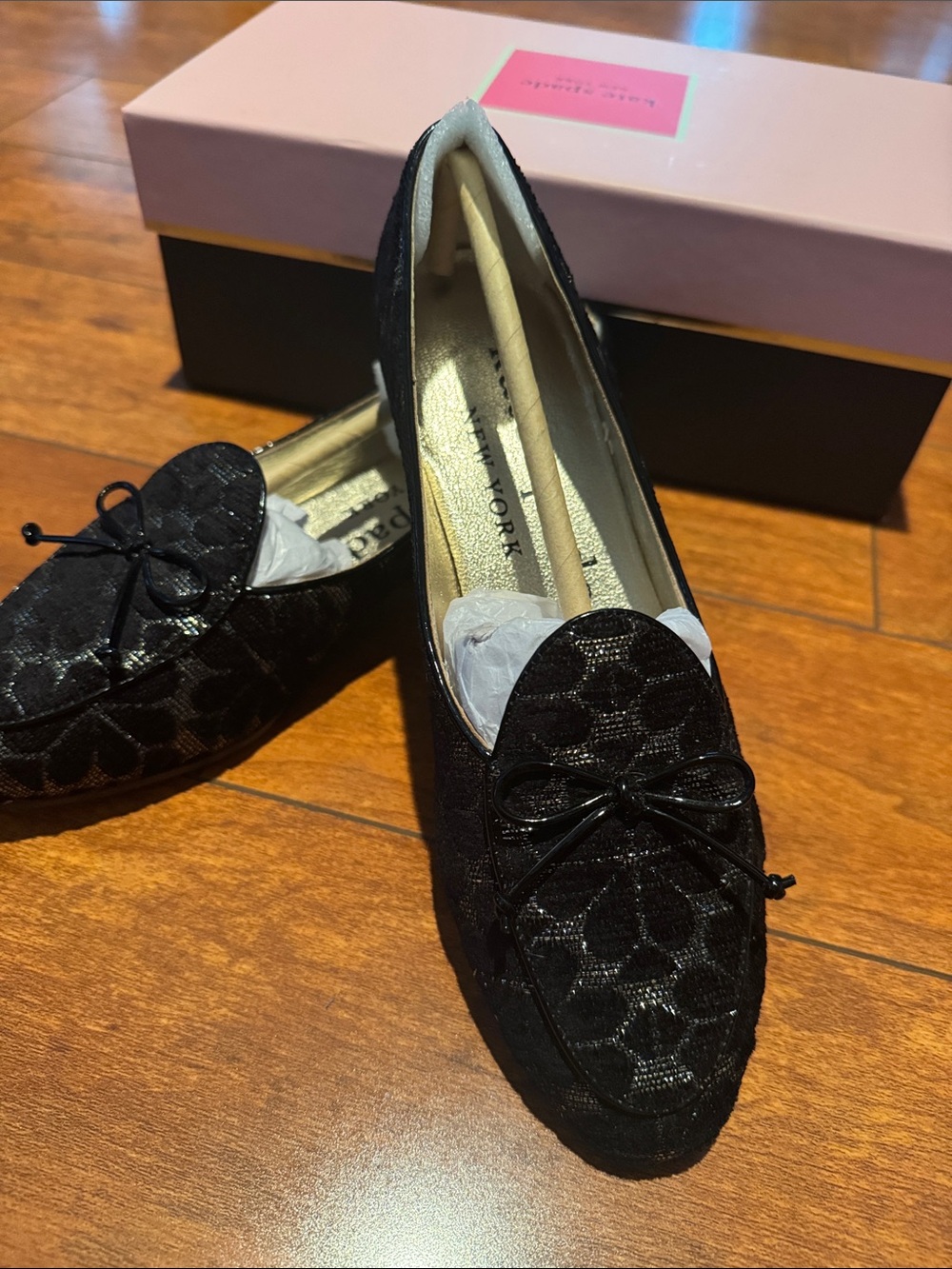 kate spade Black Lace Bow Driving Loafers
